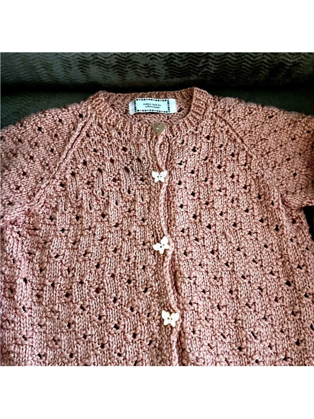 Girls Custom Knitted Sweater Butterfly Buttons Pink